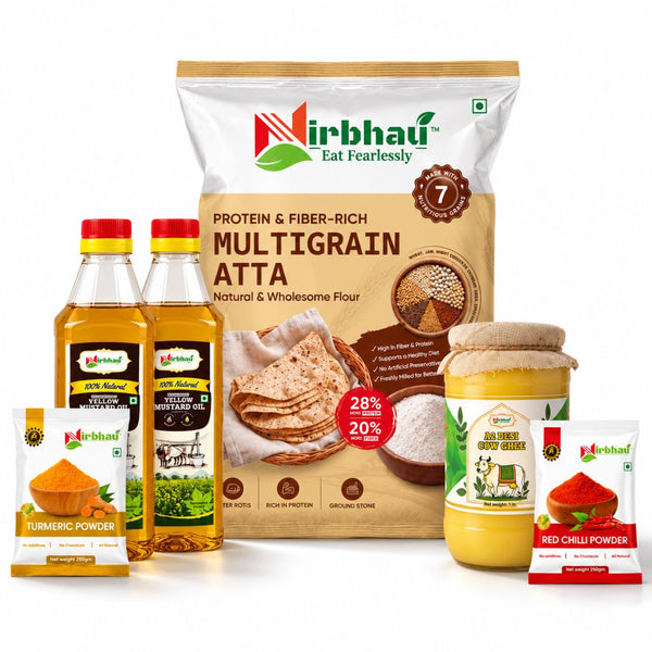 Multigrain Atta – 5 kg; Turmeric Powder – 250 g; Red Chilli Powder – 250 g; Yellow Mustard Oil – 2 L; A2 Desi Cow Ghee – 1 L - Nirbhau Foods
