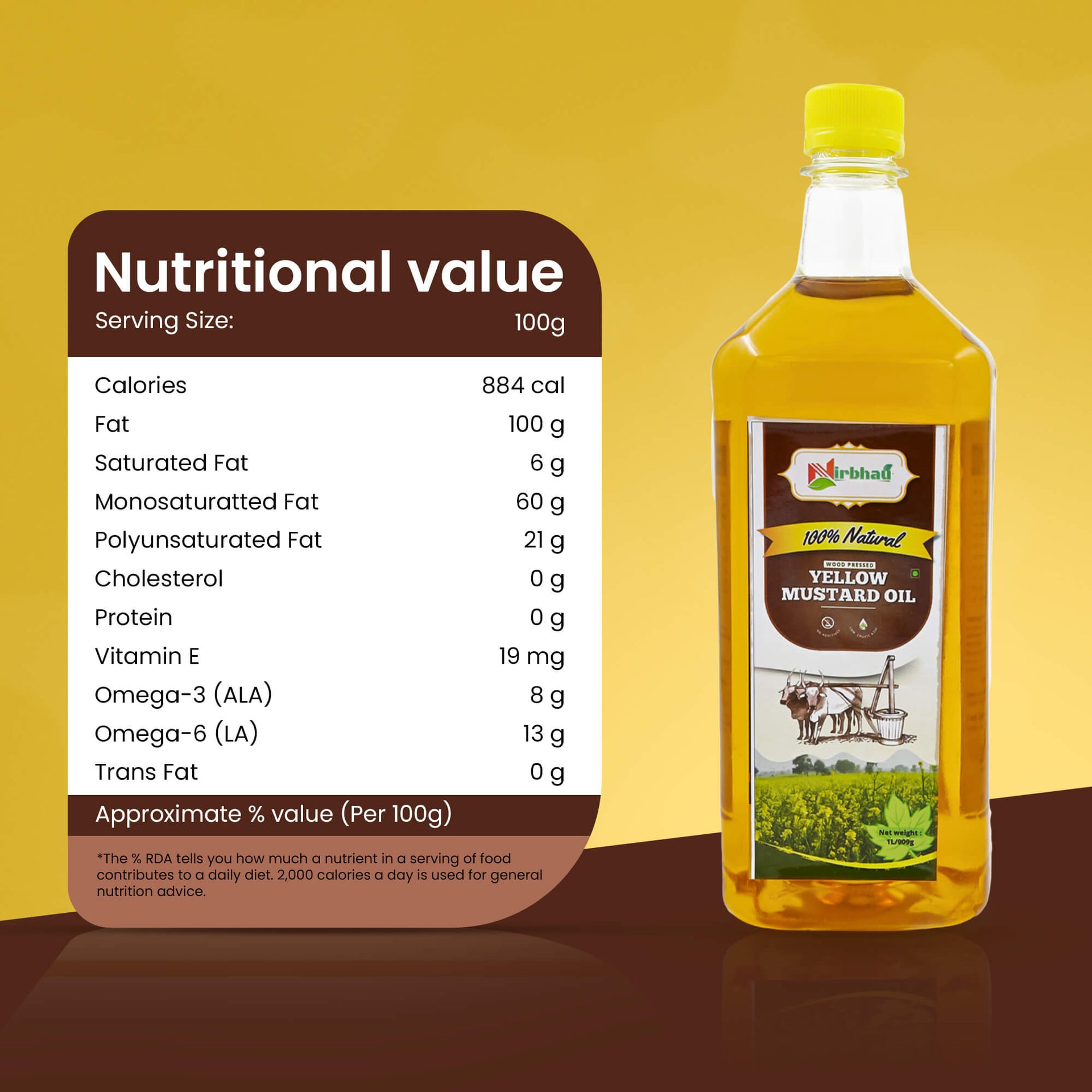Bottle of yellow mustard oil with nutritional information label 