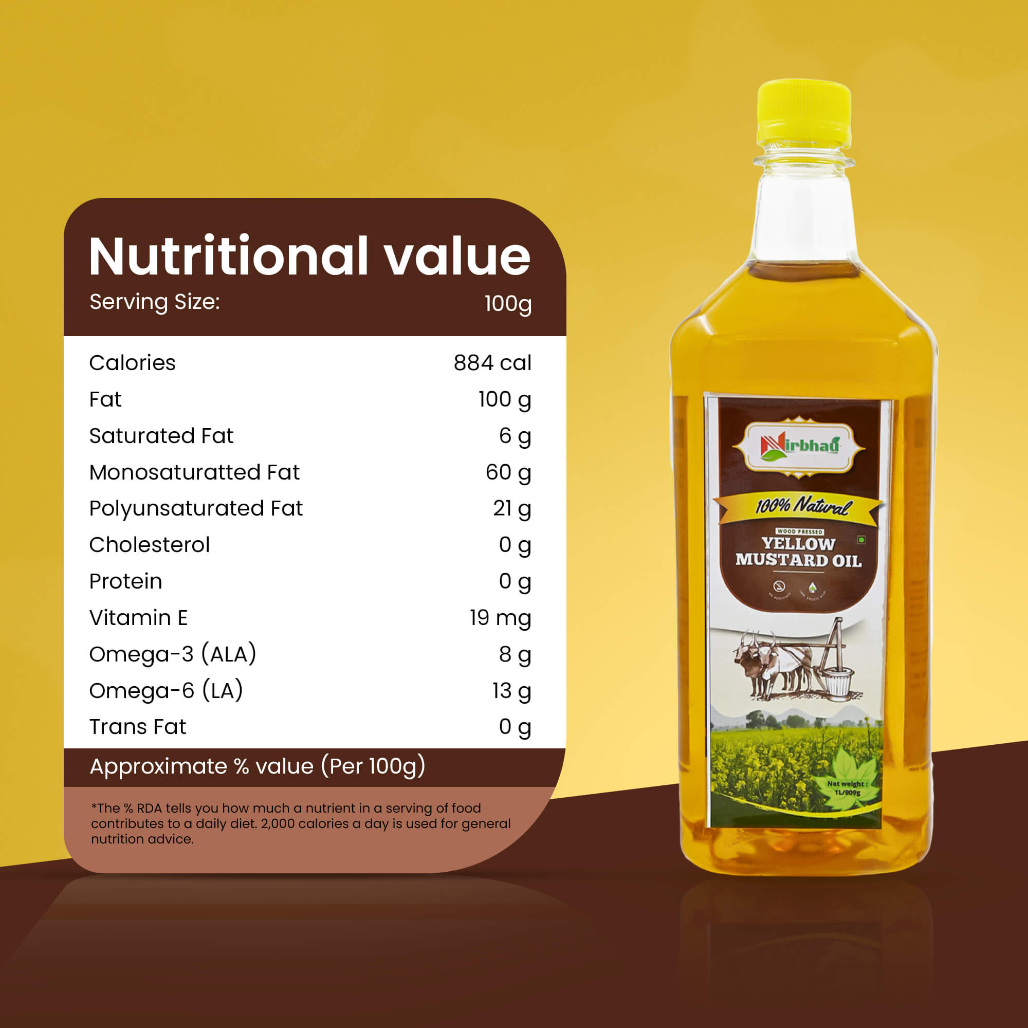 Bottle of yellow mustard oil with nutritional information label 