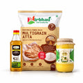 Yellow Mustard Oil – 1 L; Multigrain Atta – 5 kg; A2 Desi Cow Ghee – 1 L