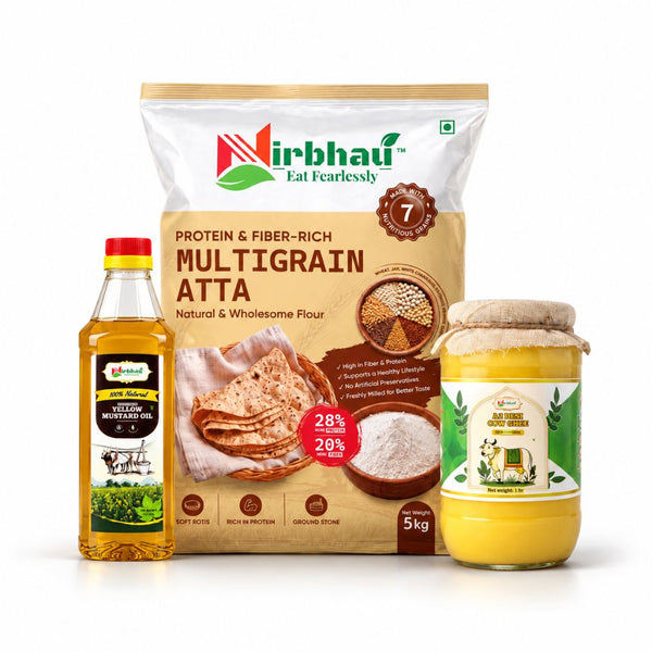 Yellow Mustard Oil – 1 L; Multigrain Atta – 5 kg; A2 Desi Cow Ghee – 1 L - Nirbhau Foods